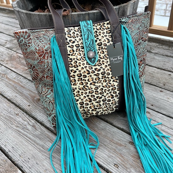Fringe Myra Bag Leopard genuine Cowhide embossed Leather turquoise large Xl New